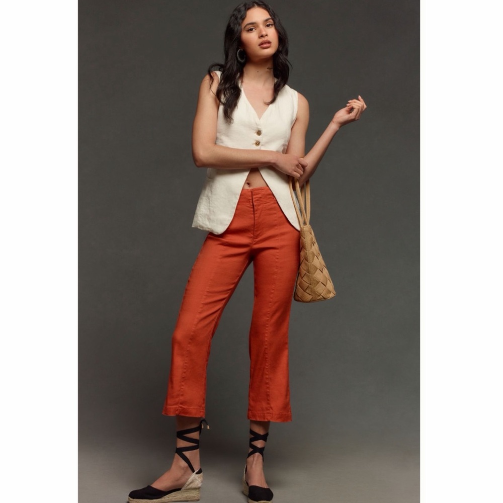 Anthropologie Maeve Orange Linen High Rise Crop Pants Size 27 Cropped Trousers